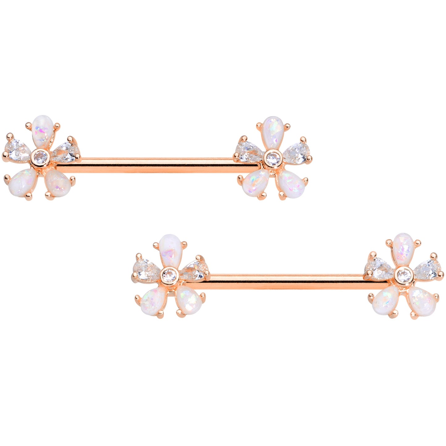 14 Gauge 9/16 White Faux Opal Rose Gold Tone Flower Barbell Nipple Set