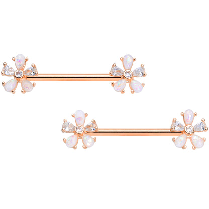 14 Gauge 9/16 White Faux Opal Rose Gold Tone Flower Barbell Nipple Set