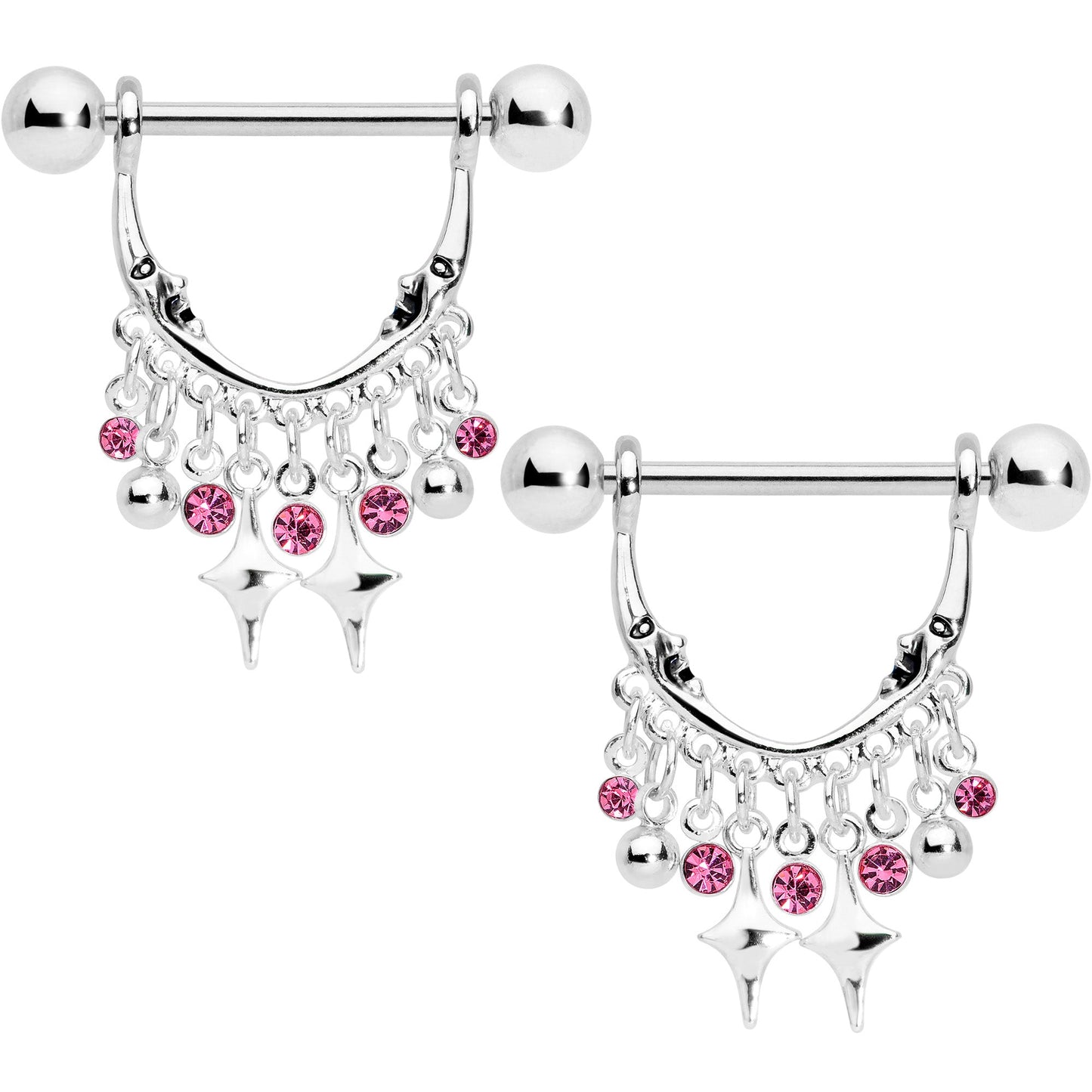 14 Gauge 5/8 Pink Gem Moons Dangle Nipple Ring Set