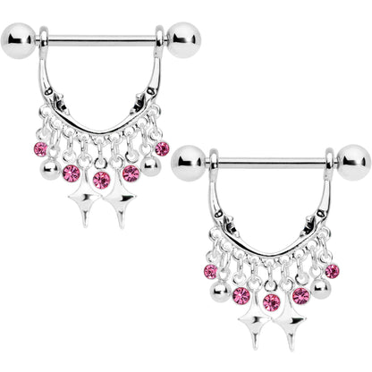 14 Gauge 5/8 Pink Gem Moons Dangle Nipple Ring Set