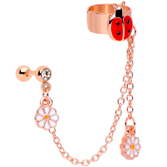 16 Gauge Rose Gold Tone Ladybug Flower Left Cuff Chain Cartilage Ring