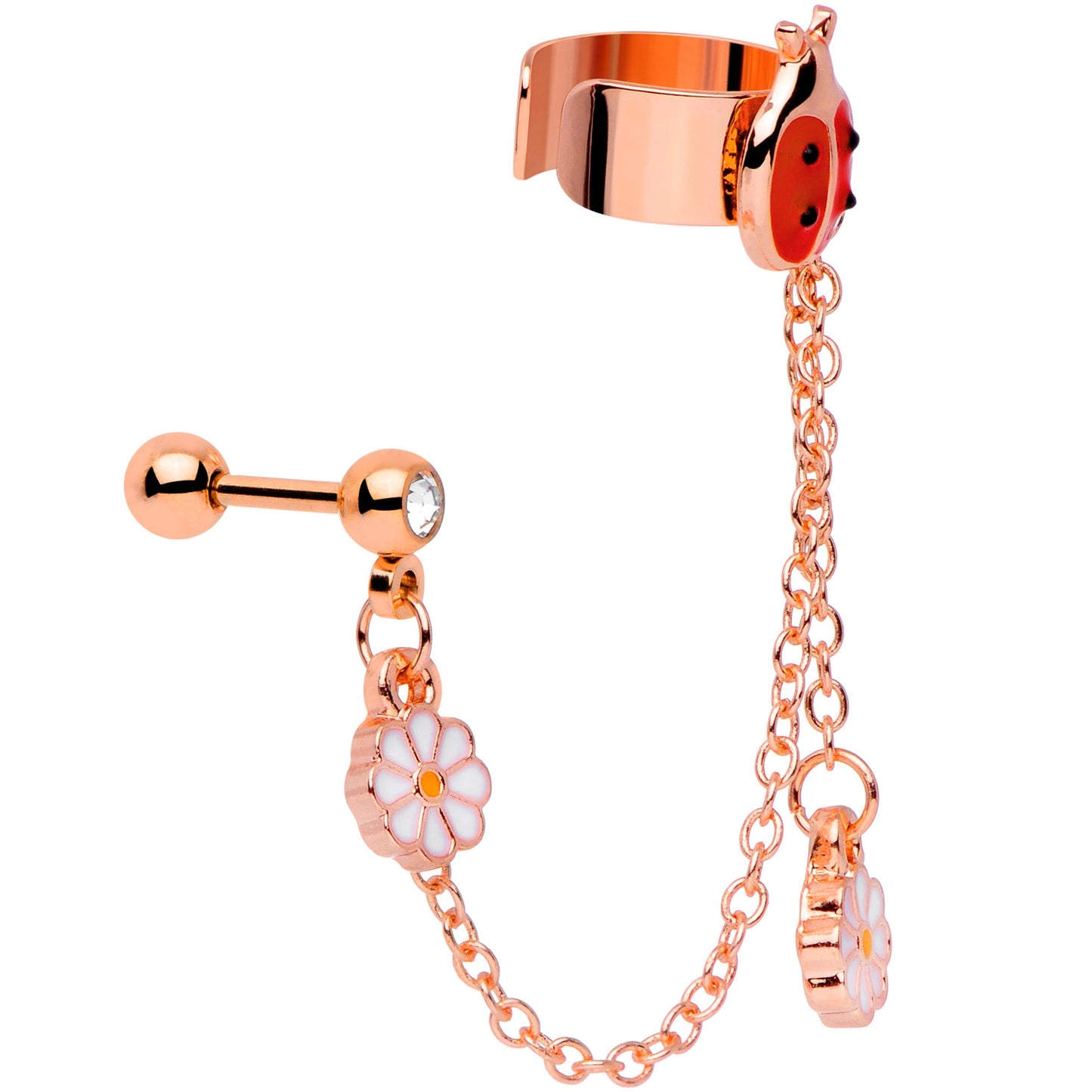 16 Gauge Rose Gold Tone Ladybug Flower Left Cuff Chain Cartilage Ring