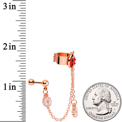 16 Gauge Rose Gold Tone Ladybug Flower Left Cuff Chain Cartilage Ring