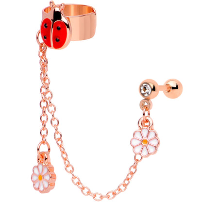 16 Gauge Rose Gold Tone Ladybug Flower Right Cuff Chain Cartilage Ring