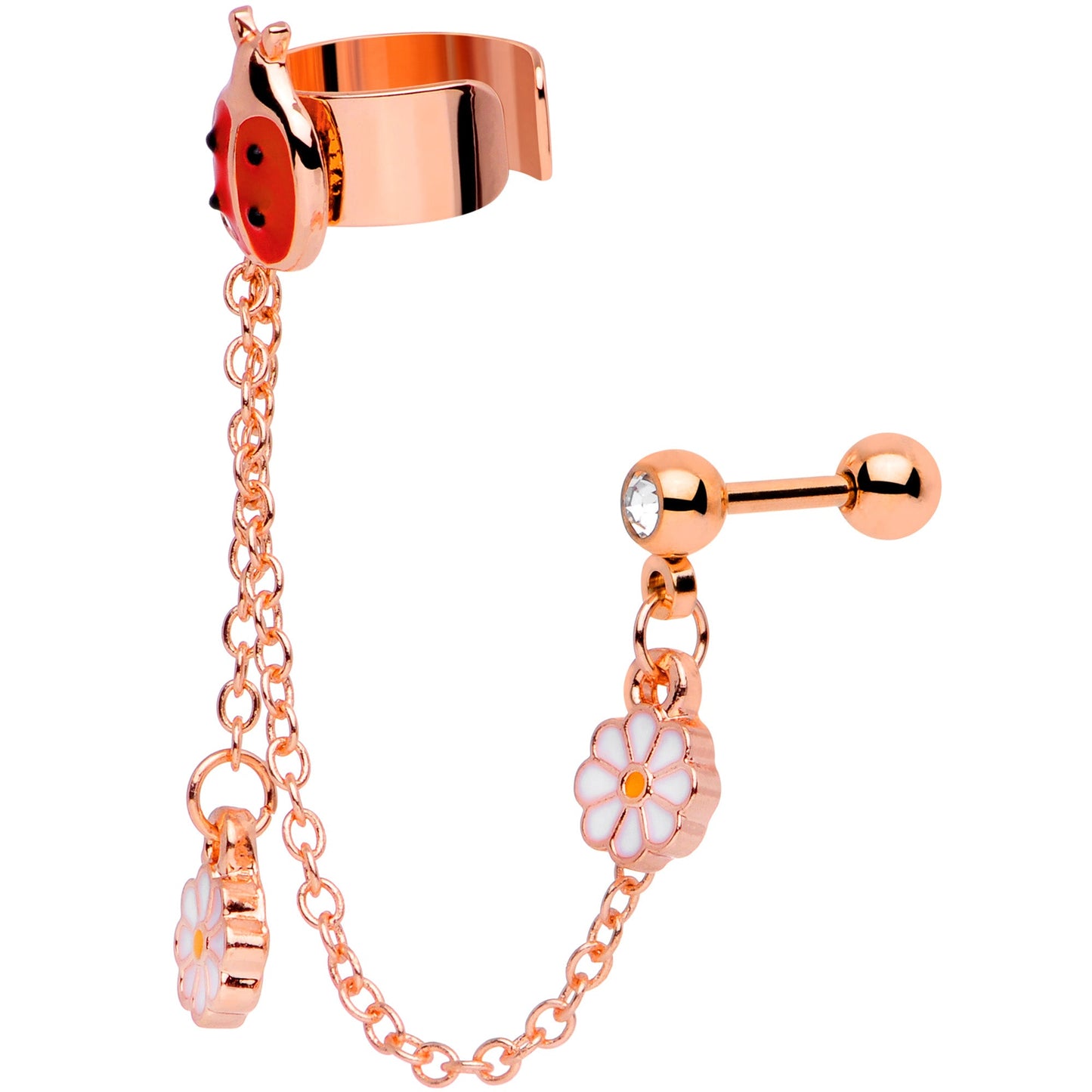 16 Gauge Rose Gold Tone Ladybug Flower Right Cuff Chain Cartilage Ring