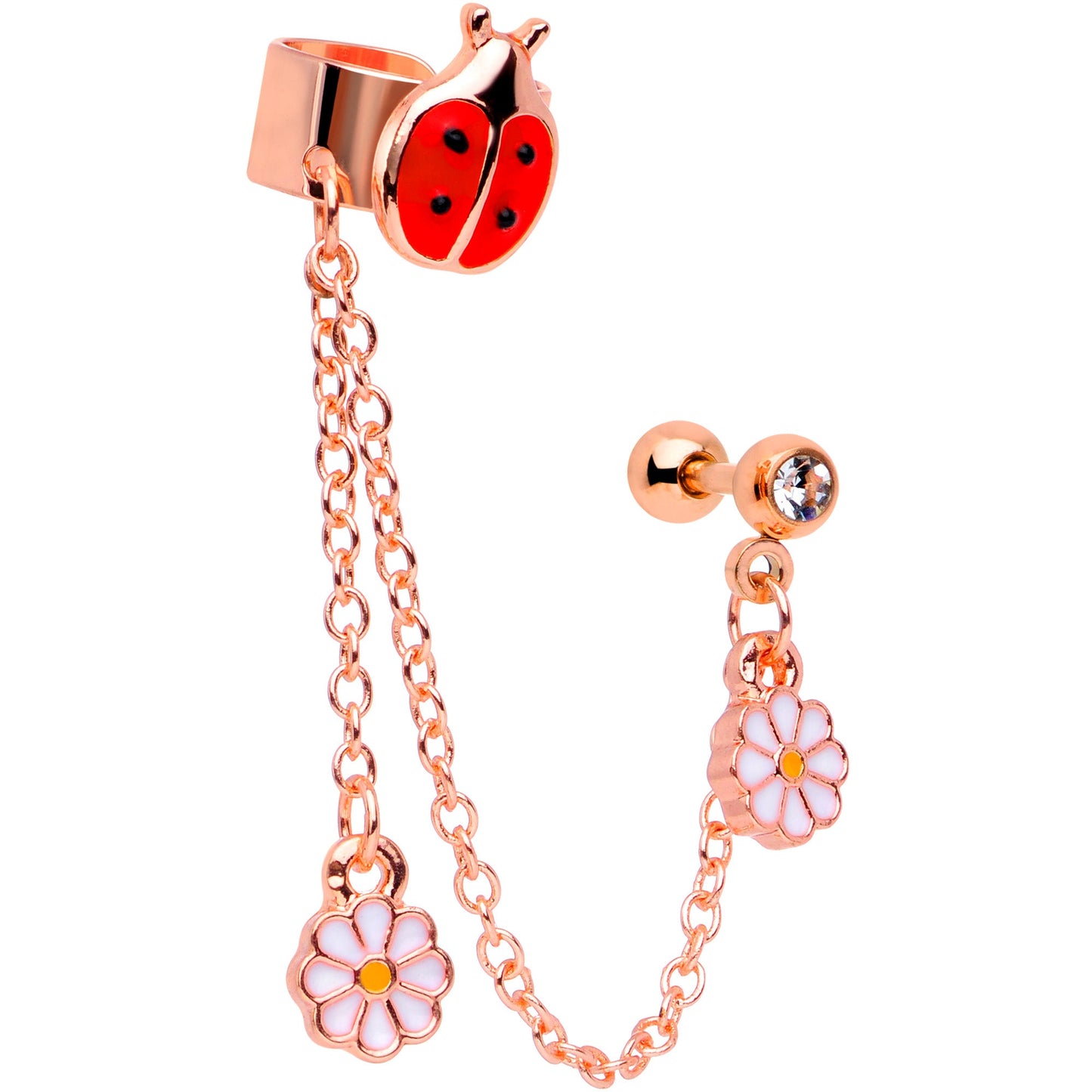 16 Gauge Rose Gold Tone Ladybug Flower Right Cuff Chain Cartilage Ring