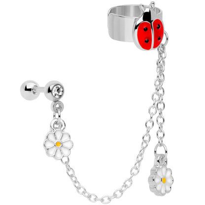 16 Gauge 1/4 Clear Gem Ladybug Flower Left Cuff Chain Cartilage Ring