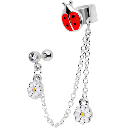 16 Gauge 1/4 Clear Gem Ladybug Flower Left Cuff Chain Cartilage Ring