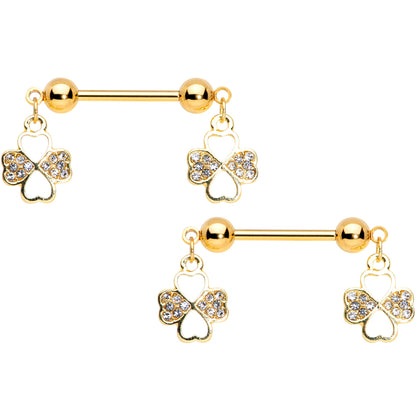 14 Gauge 9/16 Clear Gem Gold Tone Shamrock Dangle Nipple Ring Set