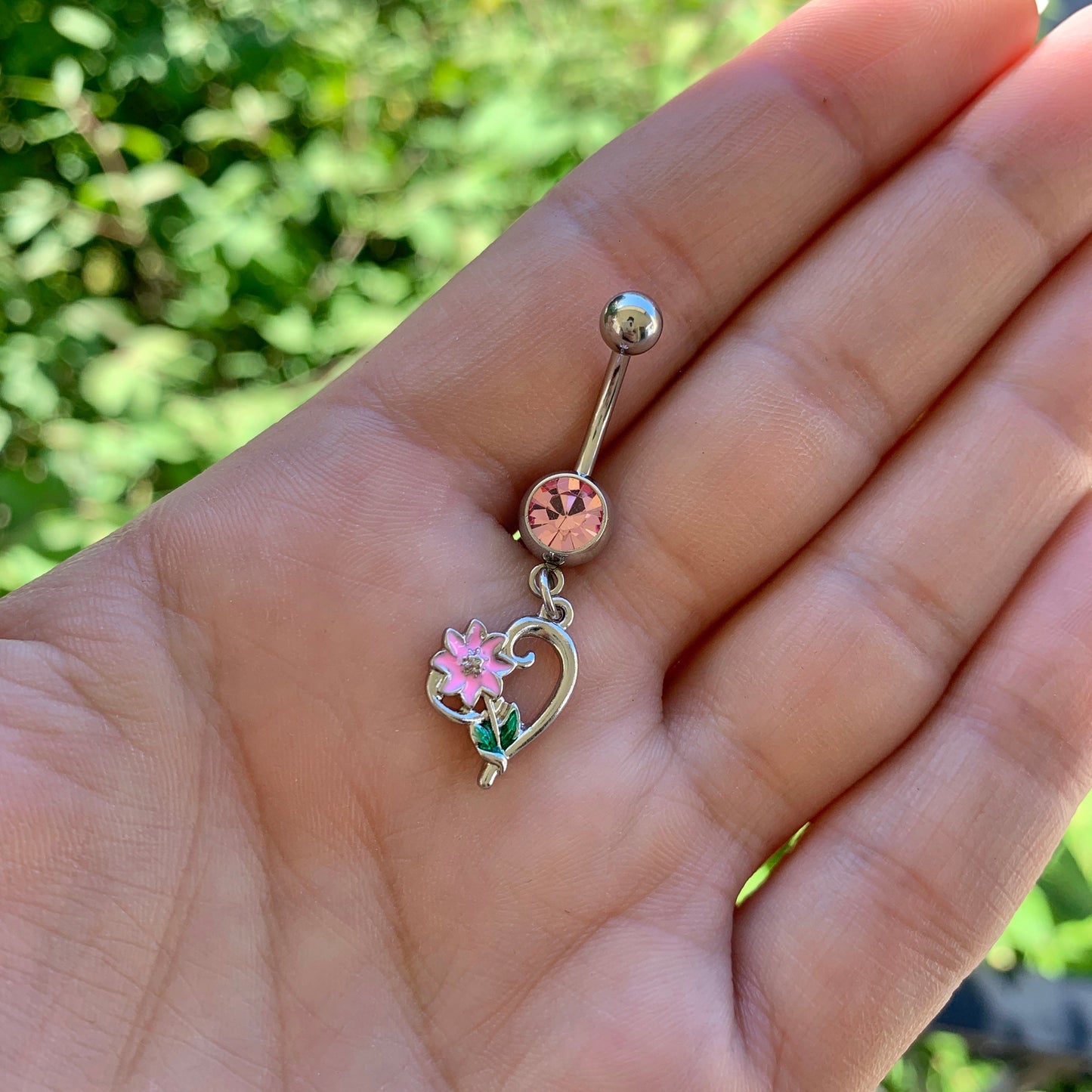 Pink Gem Sweet Flower Heart Dangle Belly Ring