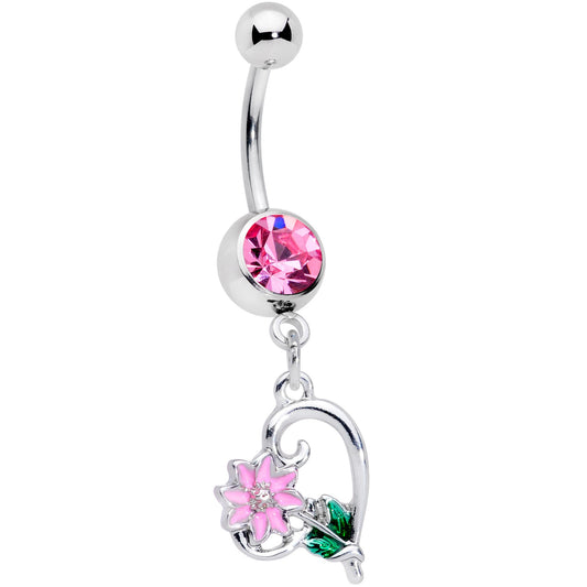 Pink Gem Sweet Flower Heart Dangle Belly Ring