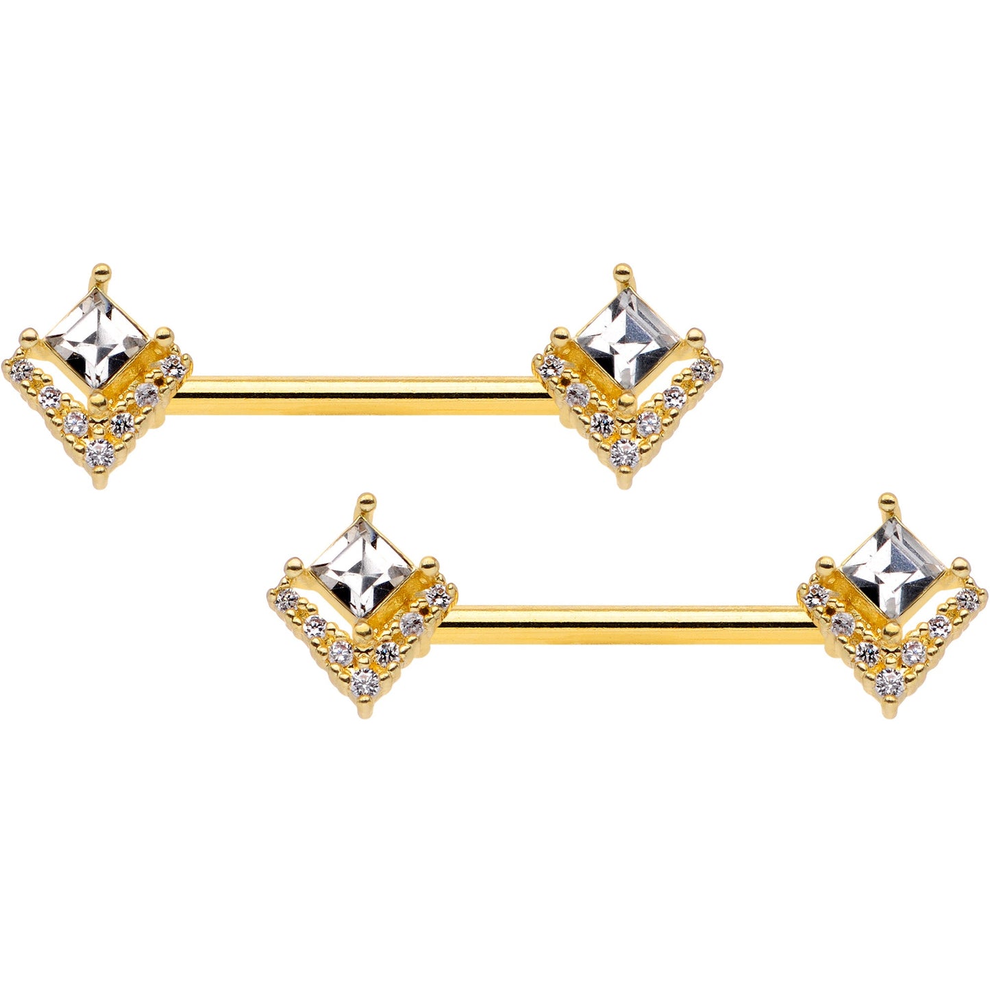 14 Gauge 9/16 Clear CZ Gem Gold Tone Chevron Barbell Nipple Ring Set