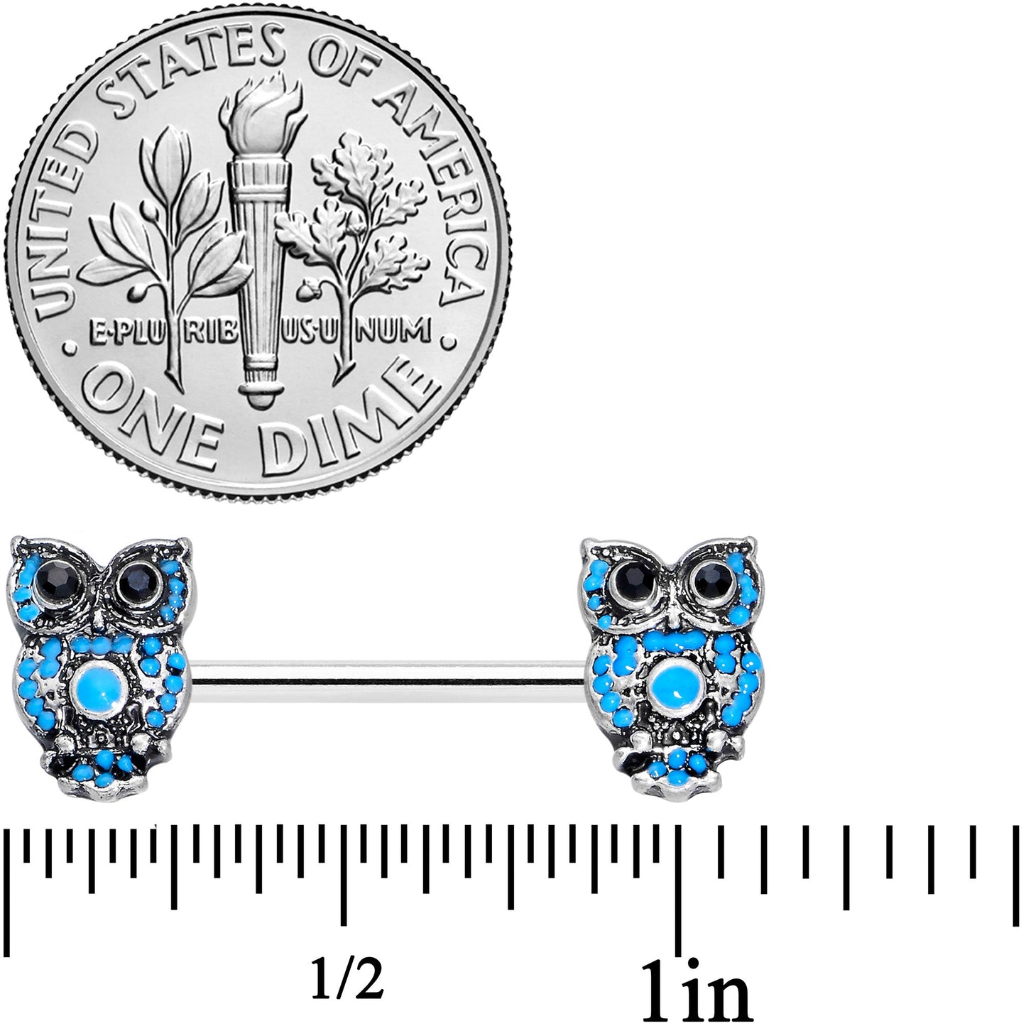 14 Gauge 9/16 Black Gem Ornate Blue Orb Owl Barbell Nipple Ring Set