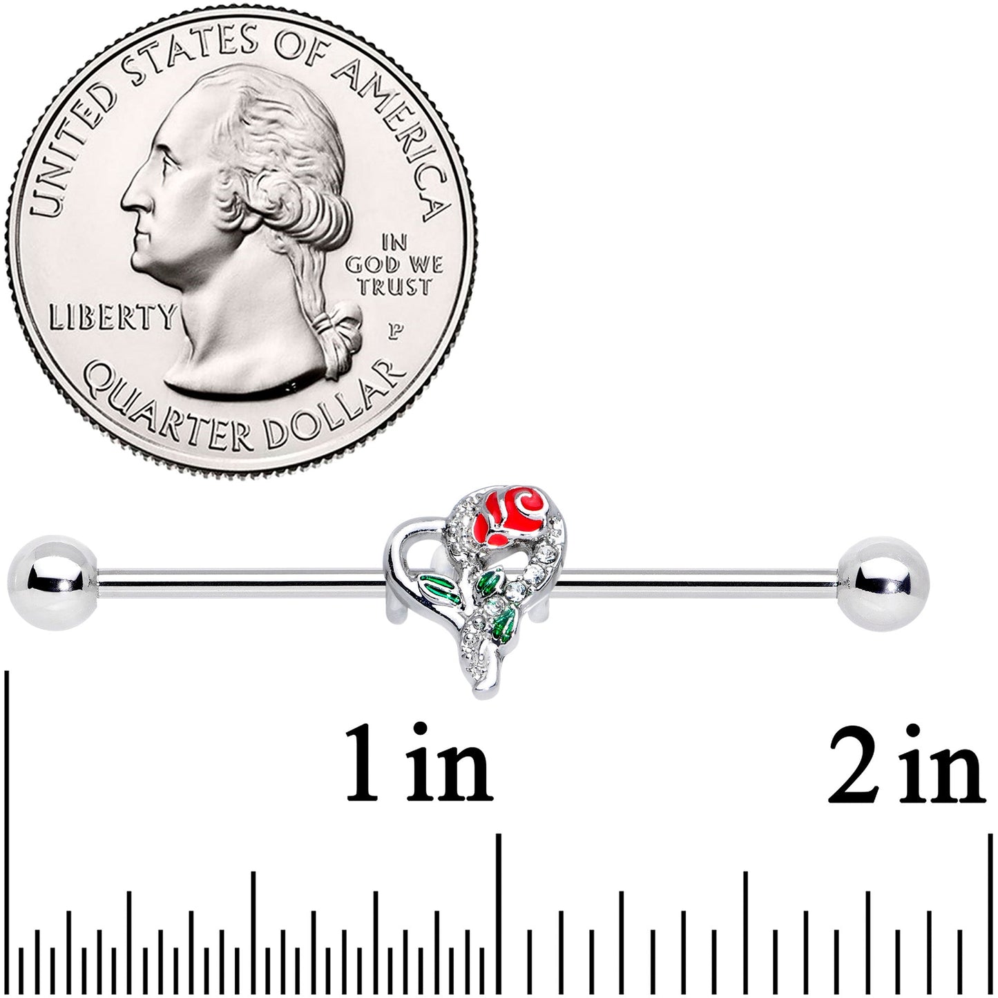 14 Gauge Clear Gem Open Heart Rose Valentines Industrial Barbell 38mm