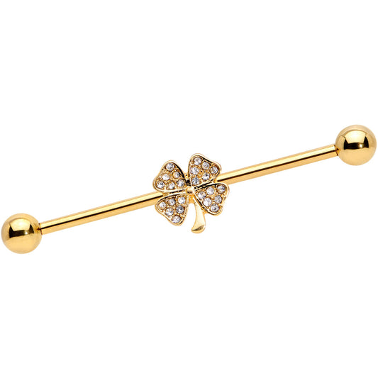 14 Gauge Clear Gem Gold Tone Shamrock Industrial Barbell 38mm