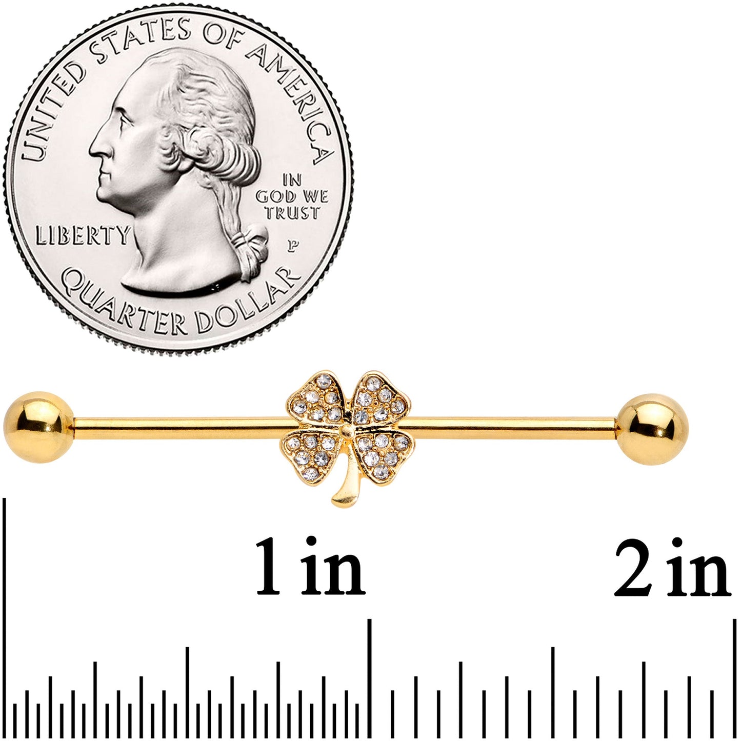 14 Gauge Clear Gem Gold Tone Shamrock Industrial Barbell 38mm