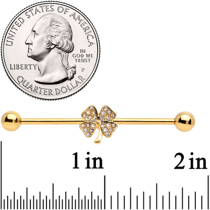 14 Gauge Clear Gem Gold Tone Shamrock Industrial Barbell 38mm