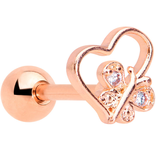 16 Gauge 1/4 Clear CZ Gem Rose Gold Tone Heart Cartilage Tragus