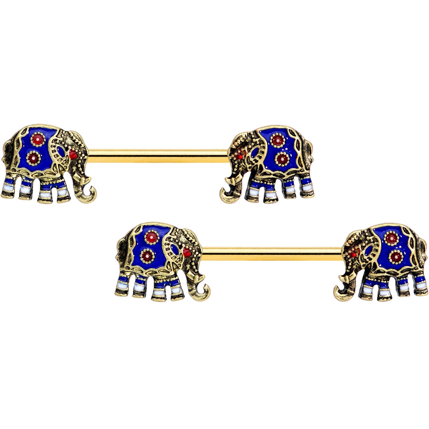 14 Gauge 9/16 Gold Tone Rococo Elephant Barbell Nipple Ring Set