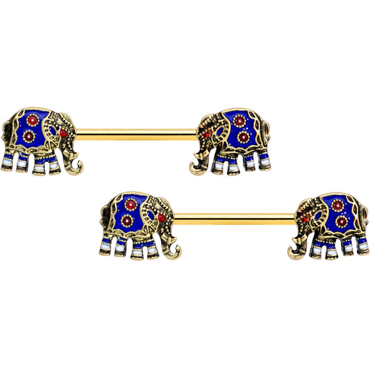 14 Gauge 9/16 Gold Tone Rococo Elephant Barbell Nipple Ring Set