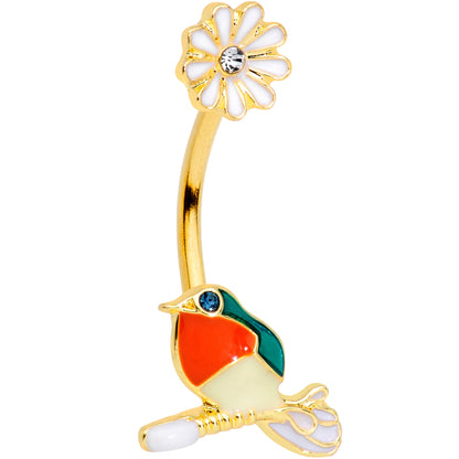Clear Green Gem Gold Tone Perched Bird Flower Double Mount Belly Ring