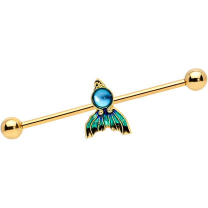 14 Gauge Gold Tone Blue Green Mermaid Tail Industrial Barbell 38mm