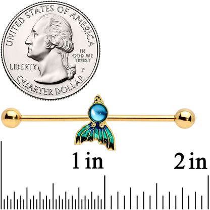 14 Gauge Gold Tone Blue Green Mermaid Tail Industrial Barbell 38mm