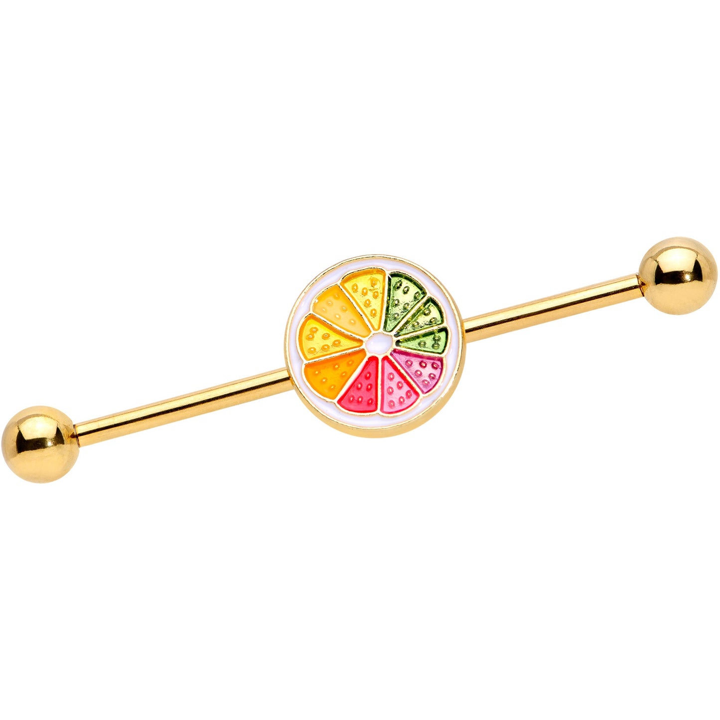 14 Gauge Gold Tone Rainbow Grapefruit Industrial Barbell 38mm