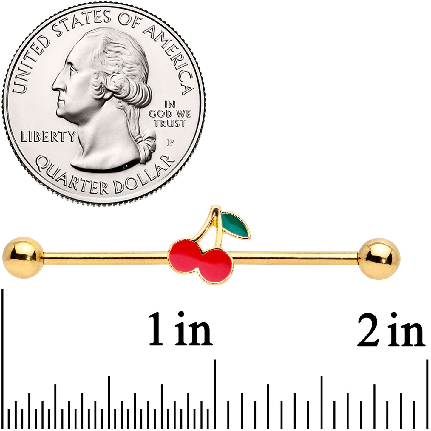 14 Gauge Gold Tone Charming Cherries Industrial Barbell 38mm