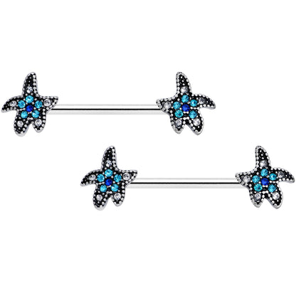 14 Gauge 5/8 Clear Aqua Gem Starfish Barbell Nipple Ring Set