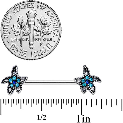 14 Gauge 5/8 Clear Aqua Gem Starfish Barbell Nipple Ring Set