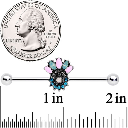 14 Gauge Blue Pink Green Gem Baroque Flower Industrial Barbell 38mm