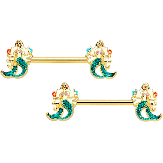 14 Gauge 9/16 Gold Tone Green Mermaids Barbell Nipple Ring Set