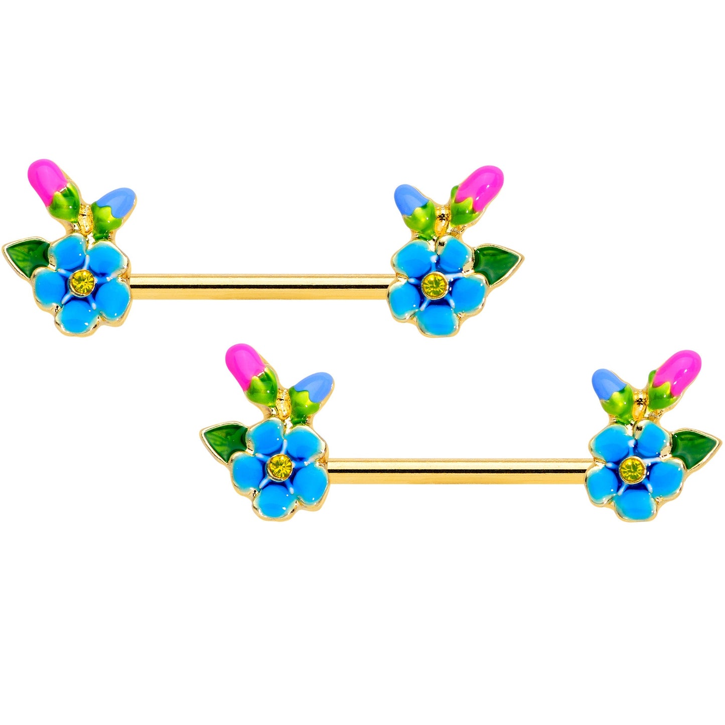 14 Gauge 9/16 Yellow Gem Gold Tone Neon Flower Barbell Nipple Ring Set