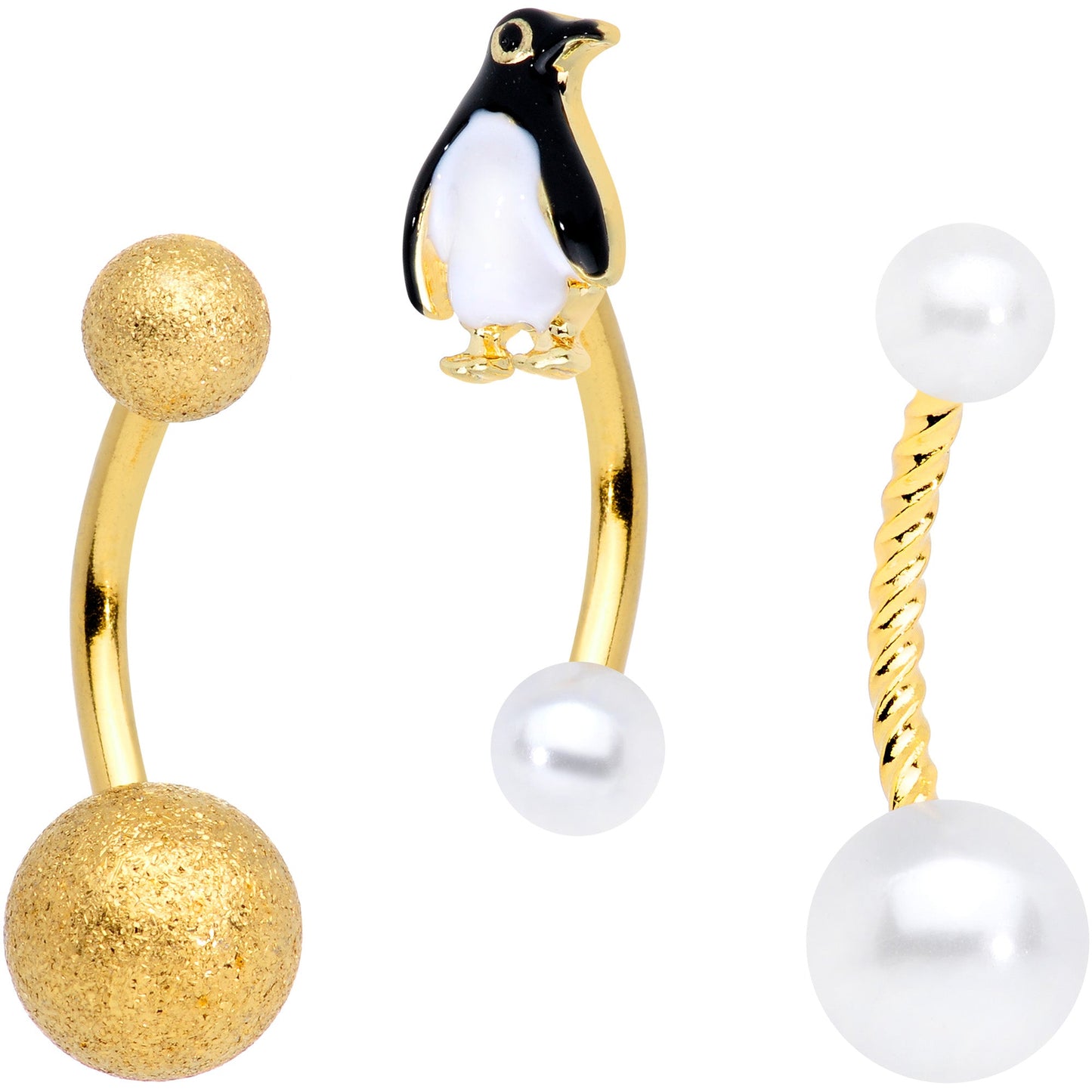 Gold Tone Winter Penguin Christmas Belly Ring Set of 3