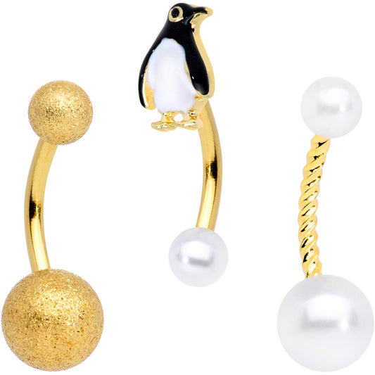 Gold Tone Winter Penguin Christmas Belly Ring Set of 3