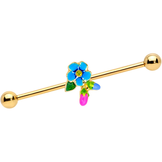 14 Gauge Yellow Gem Gold Tone Neon Flower Industrial Barbell 38mm