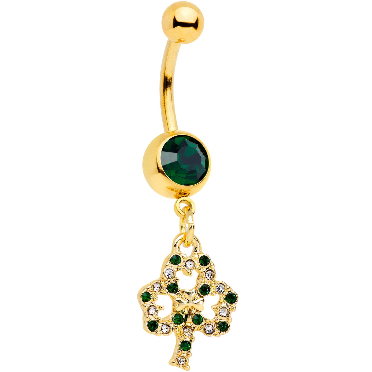 Green Gem Gold Tone Double Shamrock St Patricks Day Dangle Belly Ring