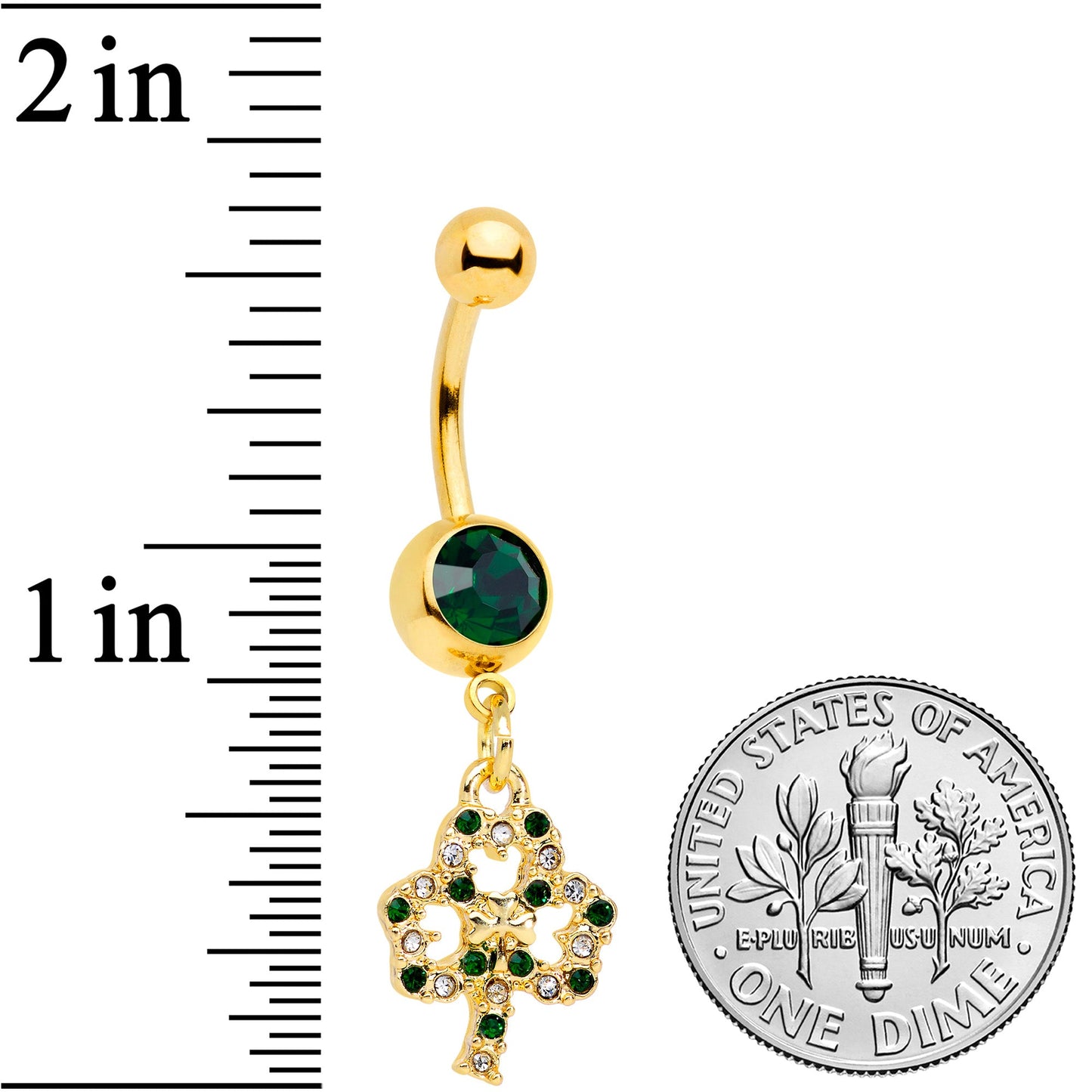 Green Gem Gold Tone Double Shamrock St Patricks Day Dangle Belly Ring