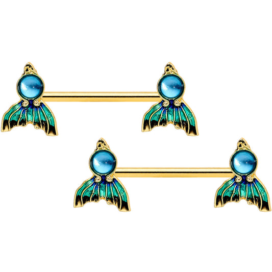 14 Gauge 9/16 Gold Tone Blue Green Mermaid Tail Barbell Nipple Ring Set