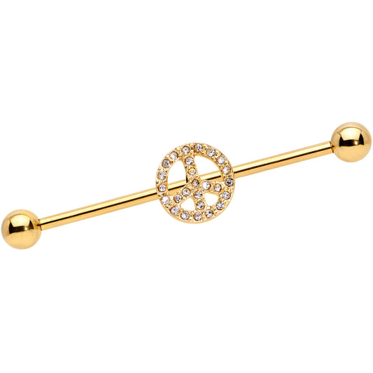 14 Gauge Clear Gem Gold Tone Peace Sign Industrial Barbell 38mm