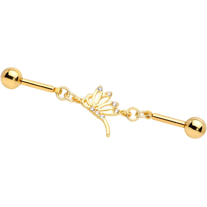 14 Gauge Clear CZ Gold Tone Dragonfly Double Industrial Barbell 40mm