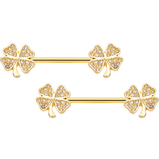 14 Gauge 9/16 Clear Gem Gold Tone Shamrock Barbell Nipple Ring Set