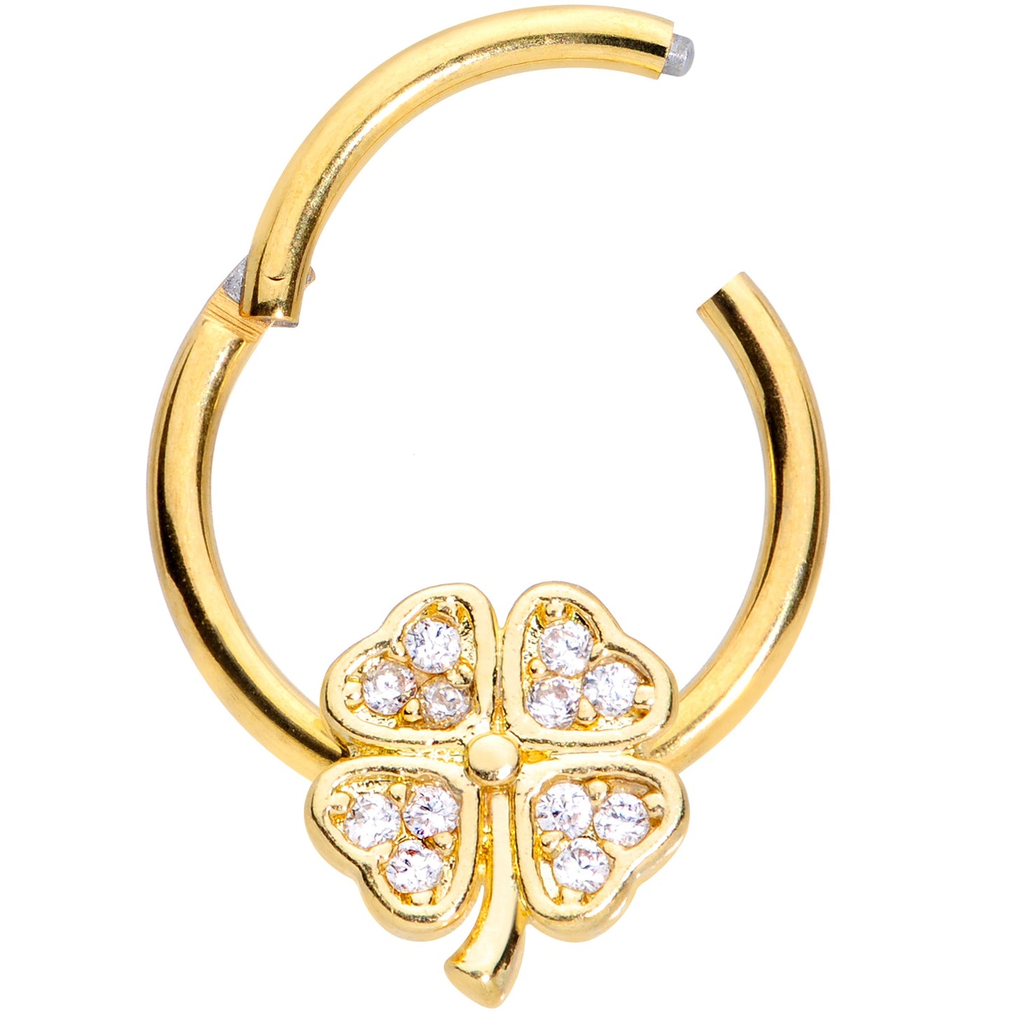 16 Gauge 3/8 Clear Gem Gold Tone Shamrock Hinged Segment Ring