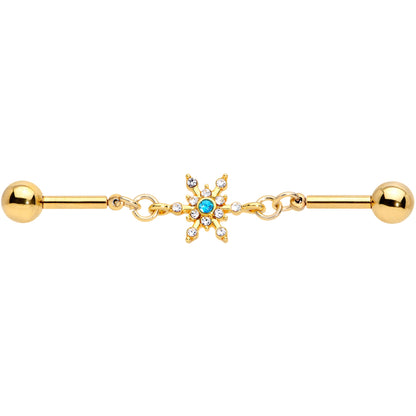 14 Gauge Blue CZ Gem Gold Hue Snowflake Double Industrial Barbell 38mm