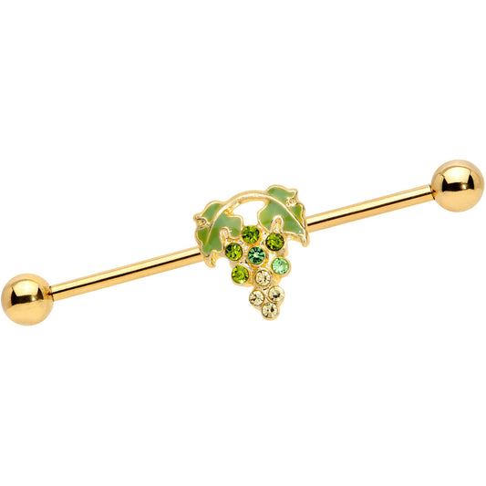 14 Gauge Green Gem Gold Tone Bunch of Grapes Industrial Barbell 38mm