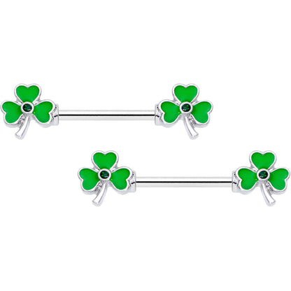 14 Gauge 5/8 Black Gem Green St Pats Shamrock Barbell Nipple Ring Set