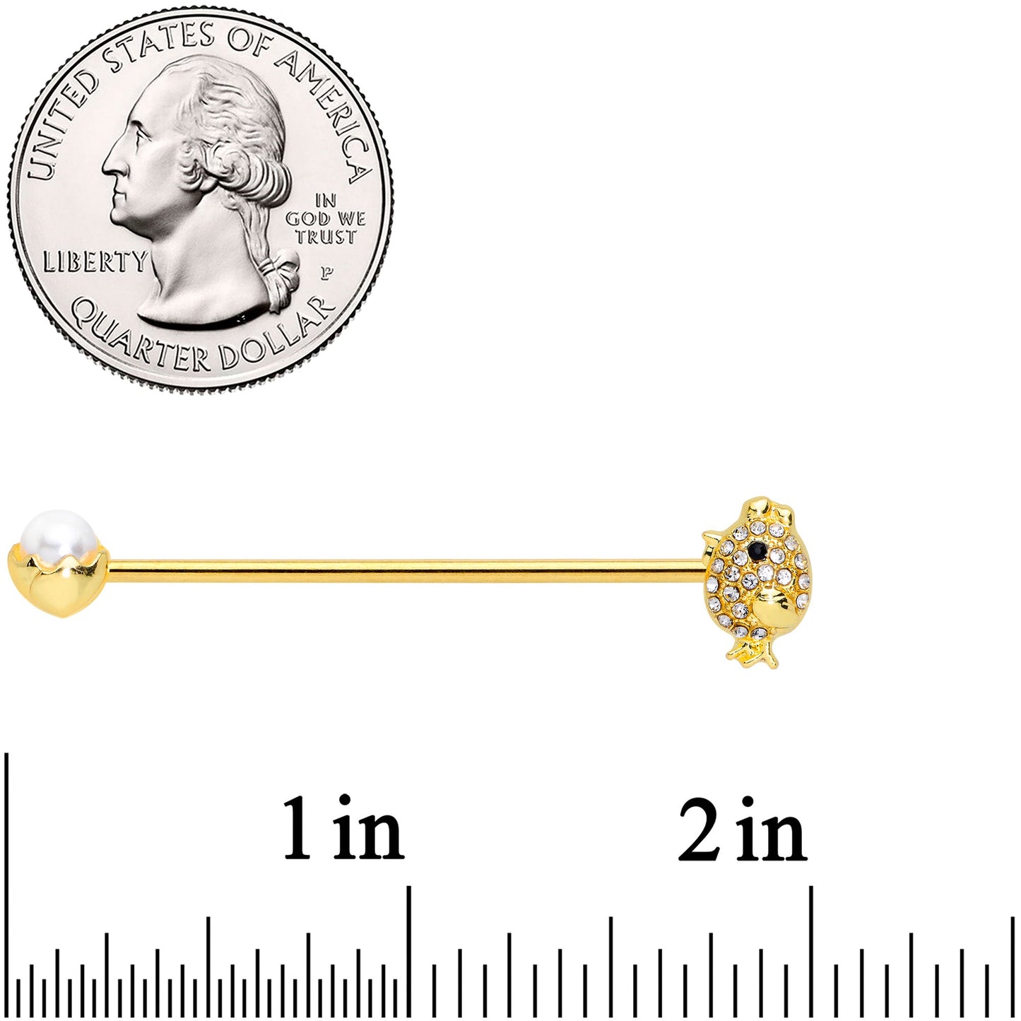 14 Gauge Clear Gem Gold Tone Egg Chick Industrial Barbell 38mm