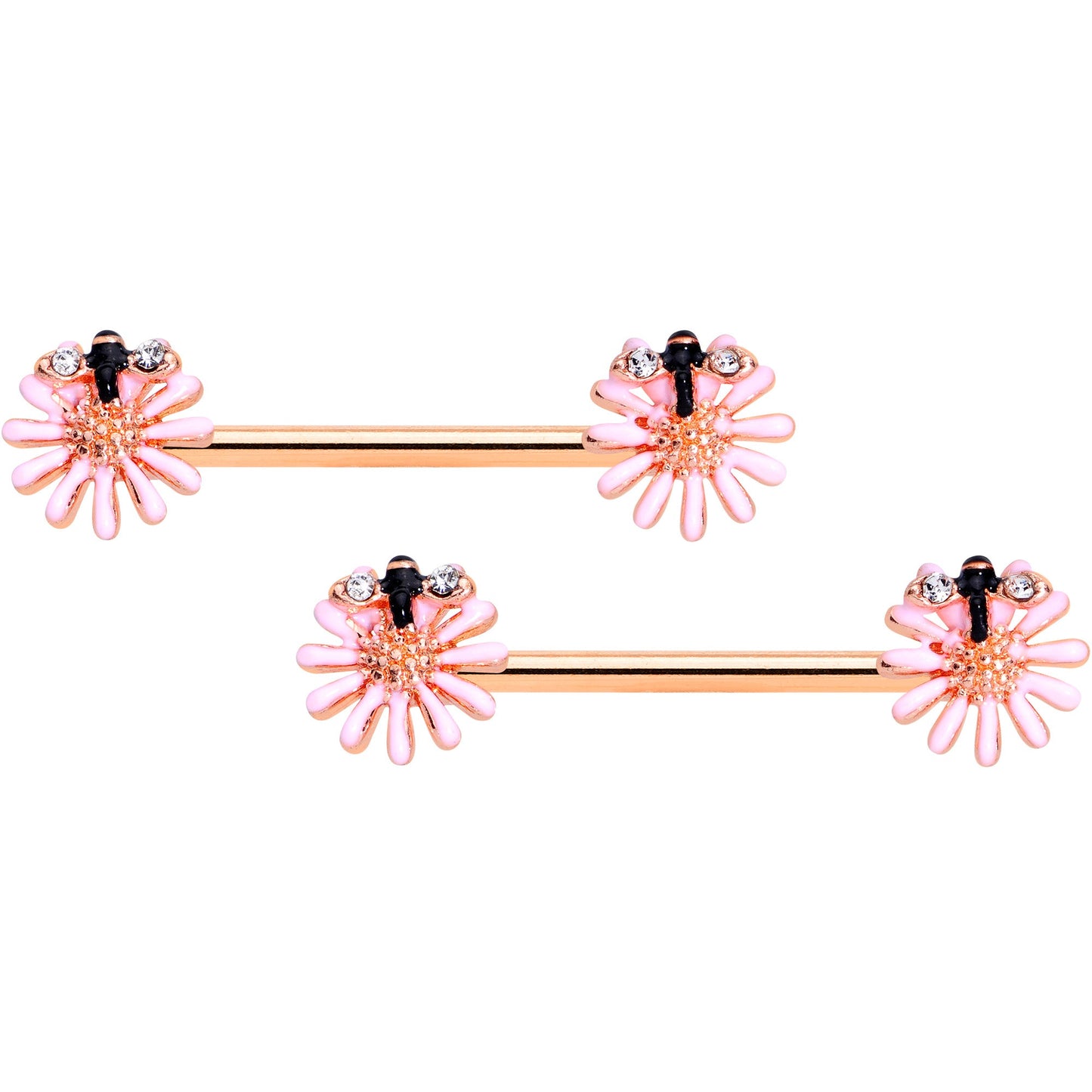 14 Gauge 9/16 Clear Gem Rose Gold Hue Daisy Bee Nipple Ring Set