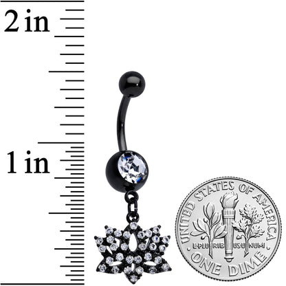 Clear CZ Gem Black Lotus Flower Dangle Belly Ring